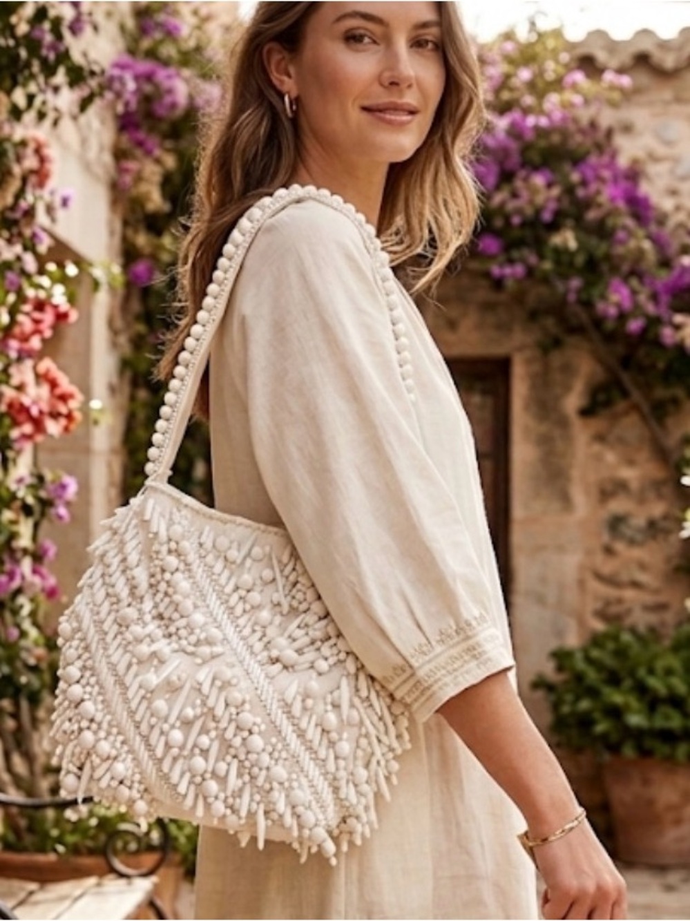 Antik Kraft White Beaded Fringe Handbag